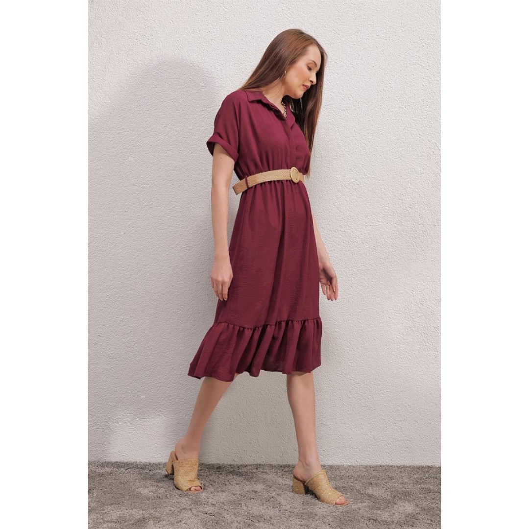 2292 Kemerli Elbise - Bordo 144839