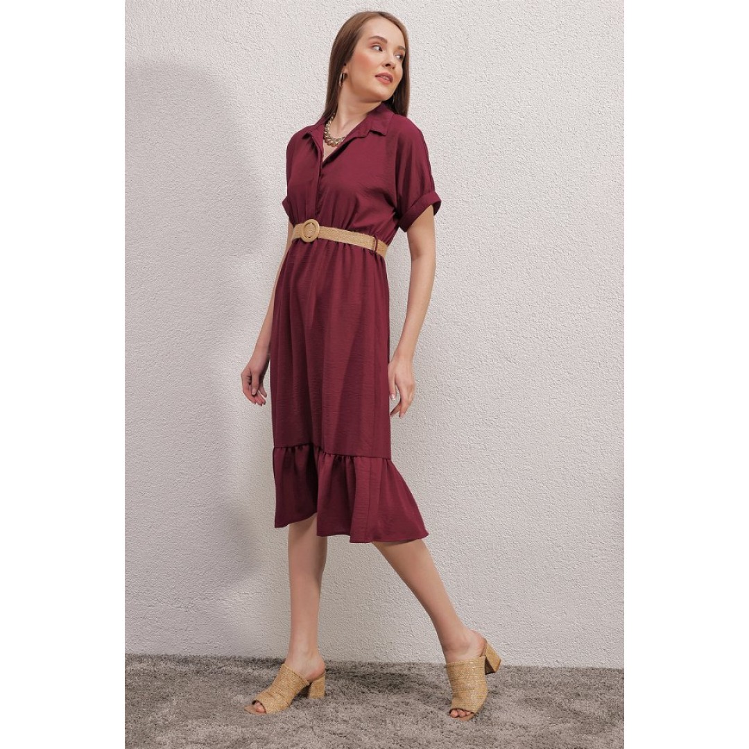 2292 Kemerli Elbise - Bordo 144839