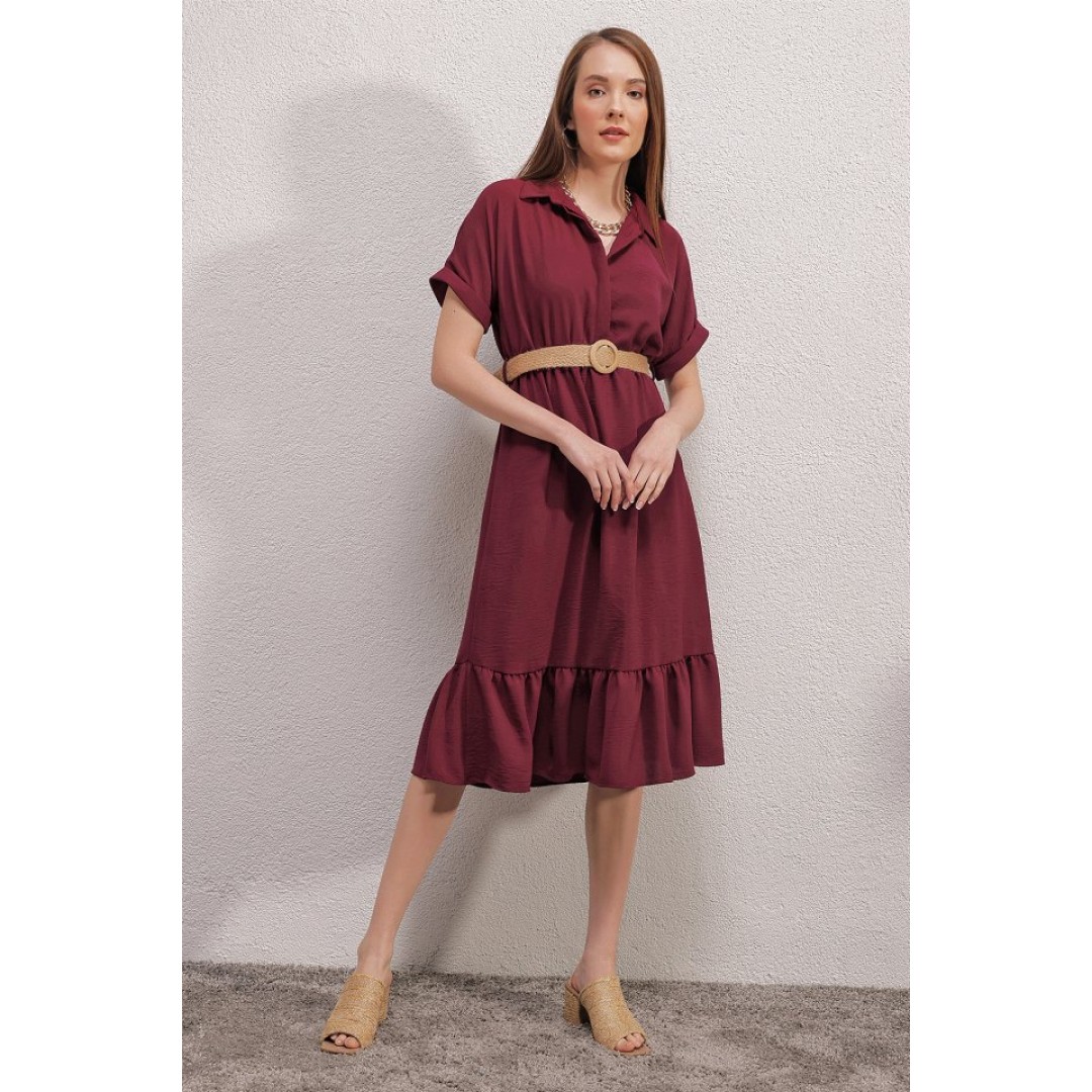 2292 Kemerli Elbise - Bordo 144839