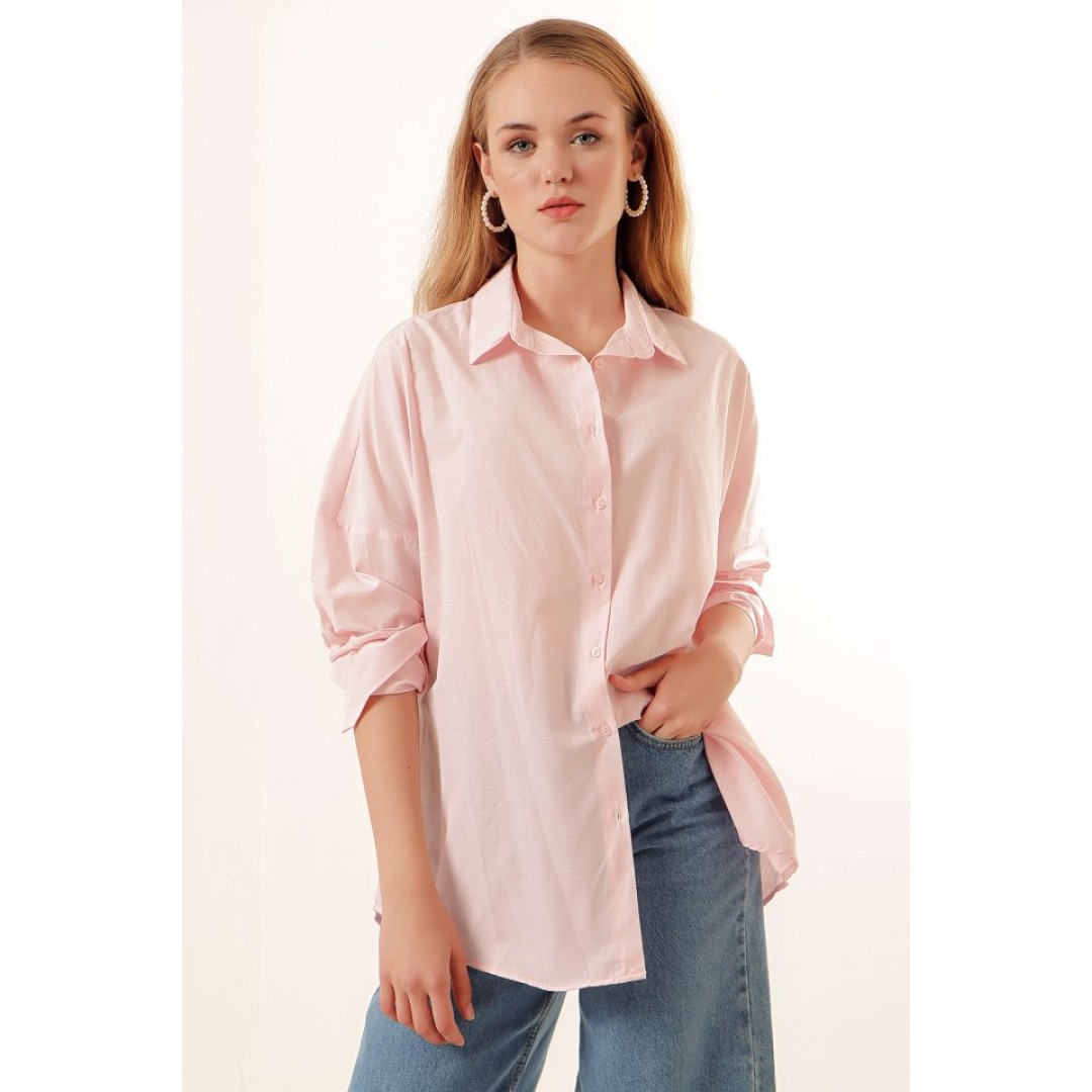 3900 Oversize Uzun Basic Gömlek - Pudra 144872 3900 Oversize Uzun Basic Gömlek - Pudra 144872