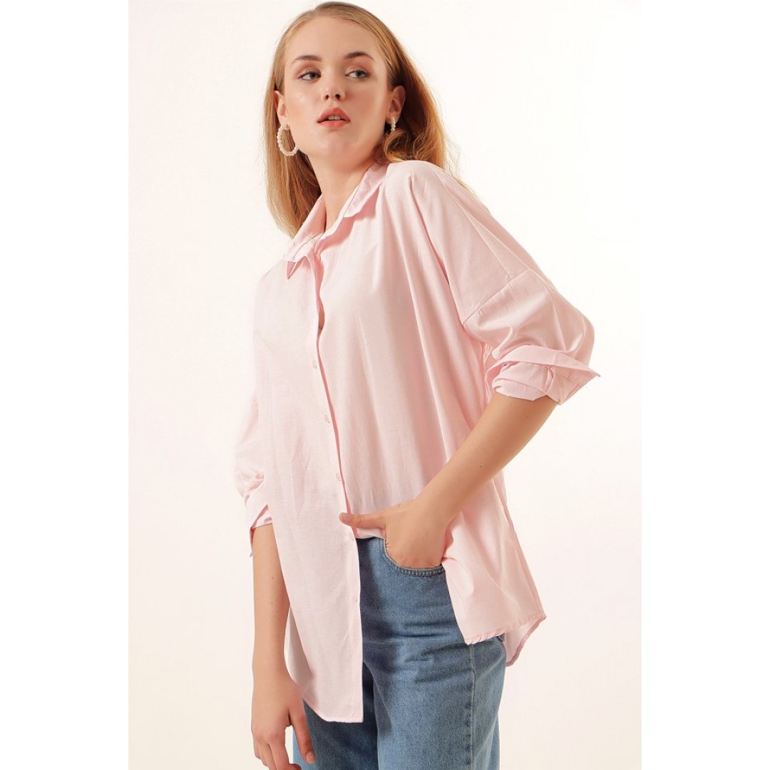 3900 Oversize Uzun Basic Gömlek - Pudra 144872 3900 Oversize Uzun Basic Gömlek - Pudra 144872