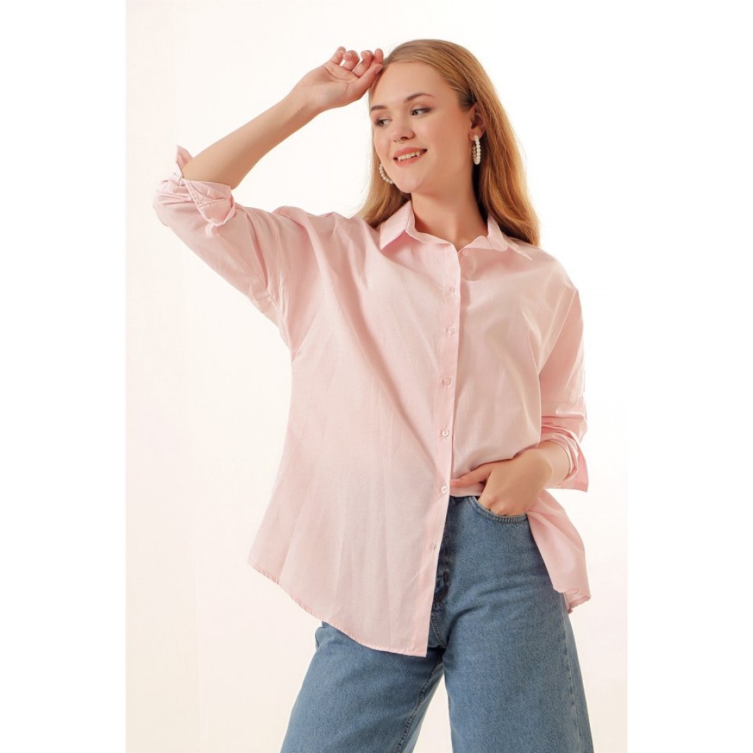 3900 Oversize Uzun Basic Gömlek - Pudra 144872 3900 Oversize Uzun Basic Gömlek - Pudra 144872