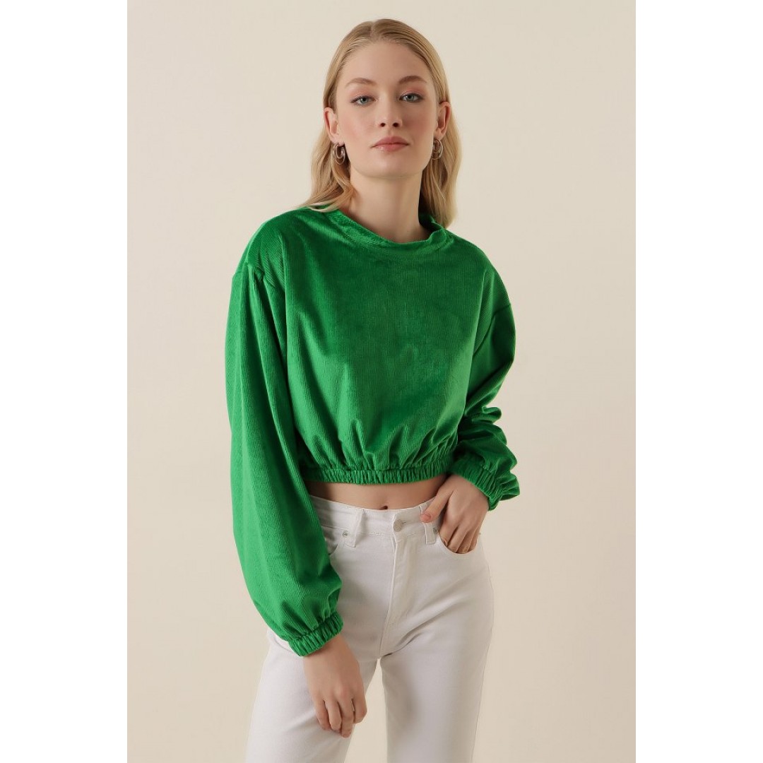 55392 Kadife Crop Bluz - Yeşil
