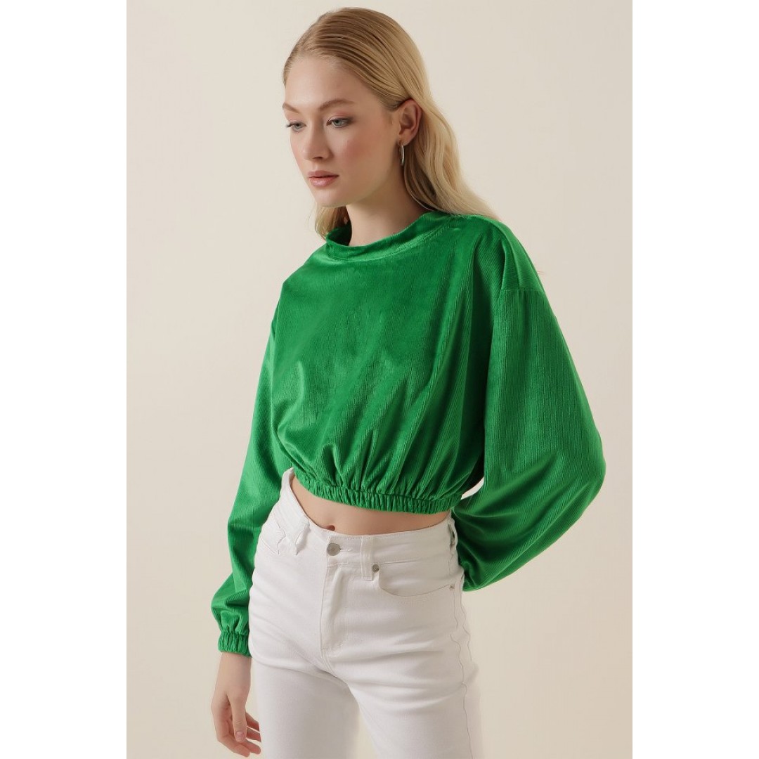 55392 Kadife Crop Bluz - Yeşil 144896