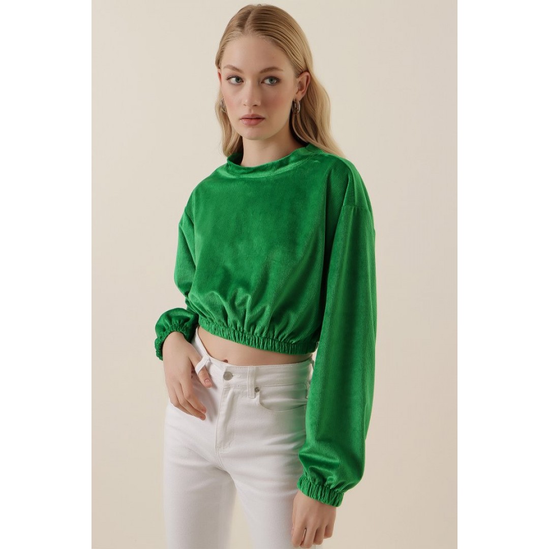 55392 Kadife Crop Bluz - Yeşil 144896