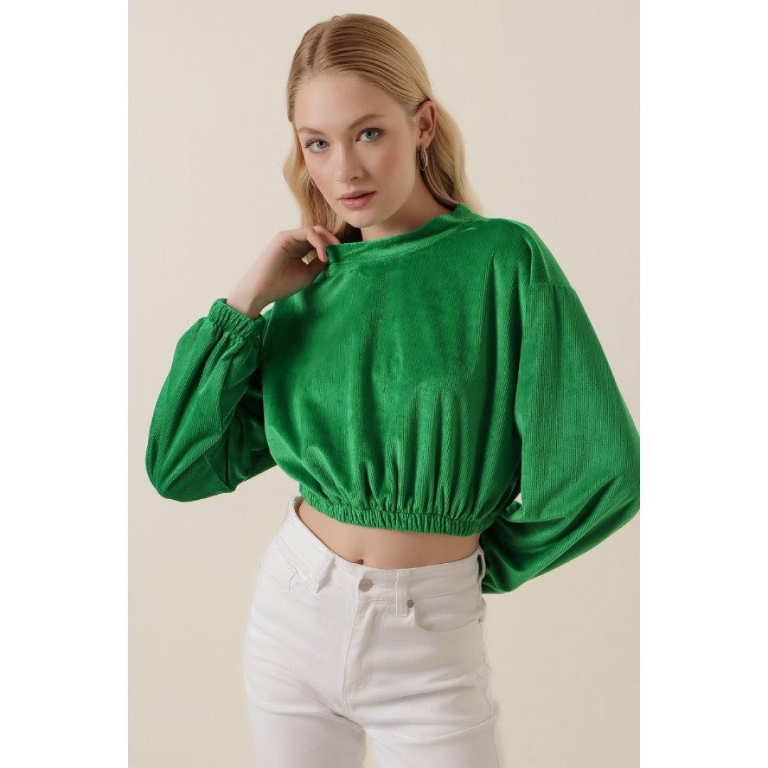 55392 Kadife Crop Bluz - Yeşil 144896