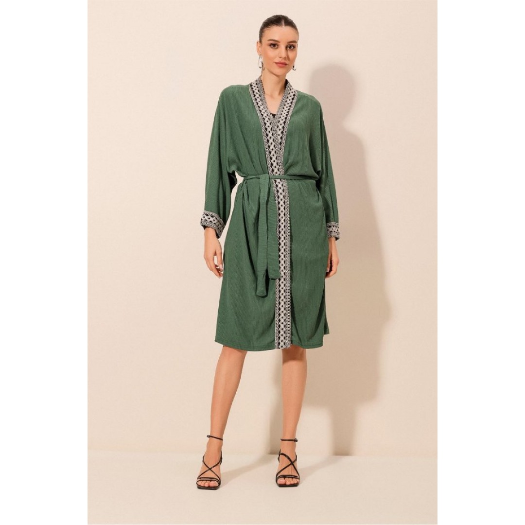 5865 Nakışlı Örme Uzun Kimono - Zümrüt Yeşili - 144945 5865 Nakışlı Örme Uzun Kimono - Zümrüt Yeşili - 144945
