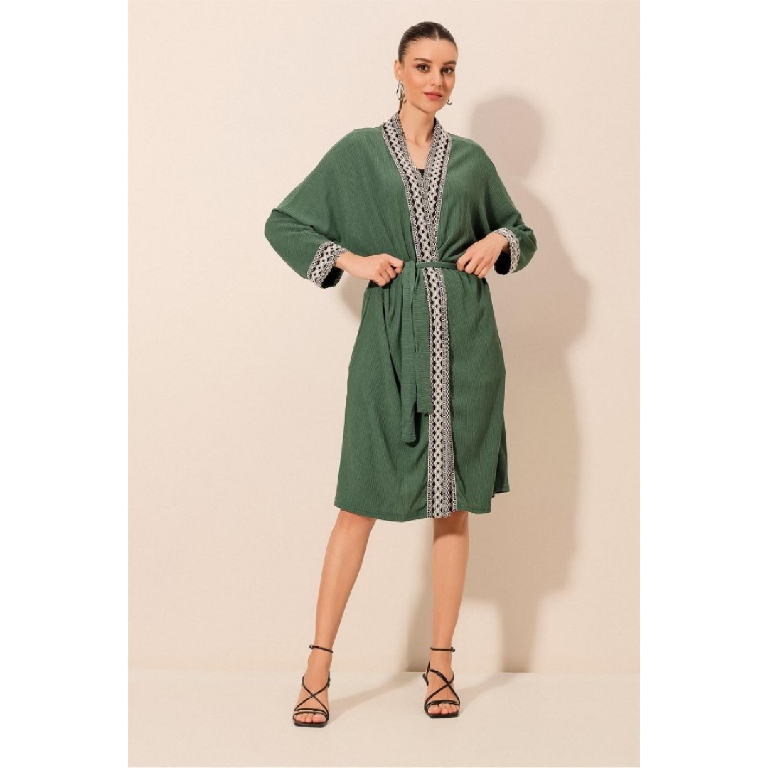 5865 Nakışlı Örme Uzun Kimono - Zümrüt Yeşili - 144945 5865 Nakışlı Örme Uzun Kimono - Zümrüt Yeşili - 144945