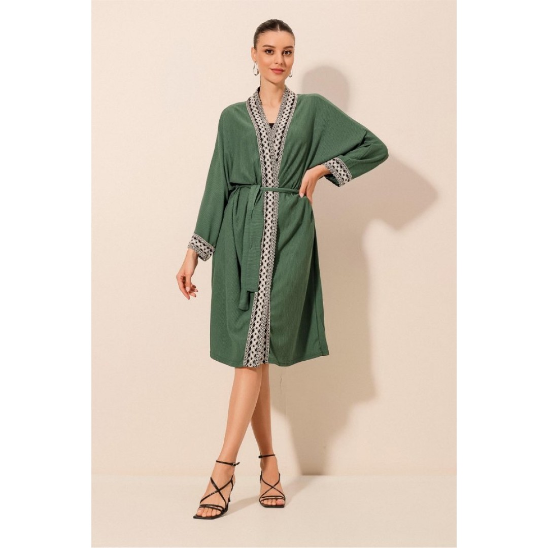 5865 Nakışlı Örme Uzun Kimono - Zümrüt Yeşili - 144945 5865 Nakışlı Örme Uzun Kimono - Zümrüt Yeşili - 144945