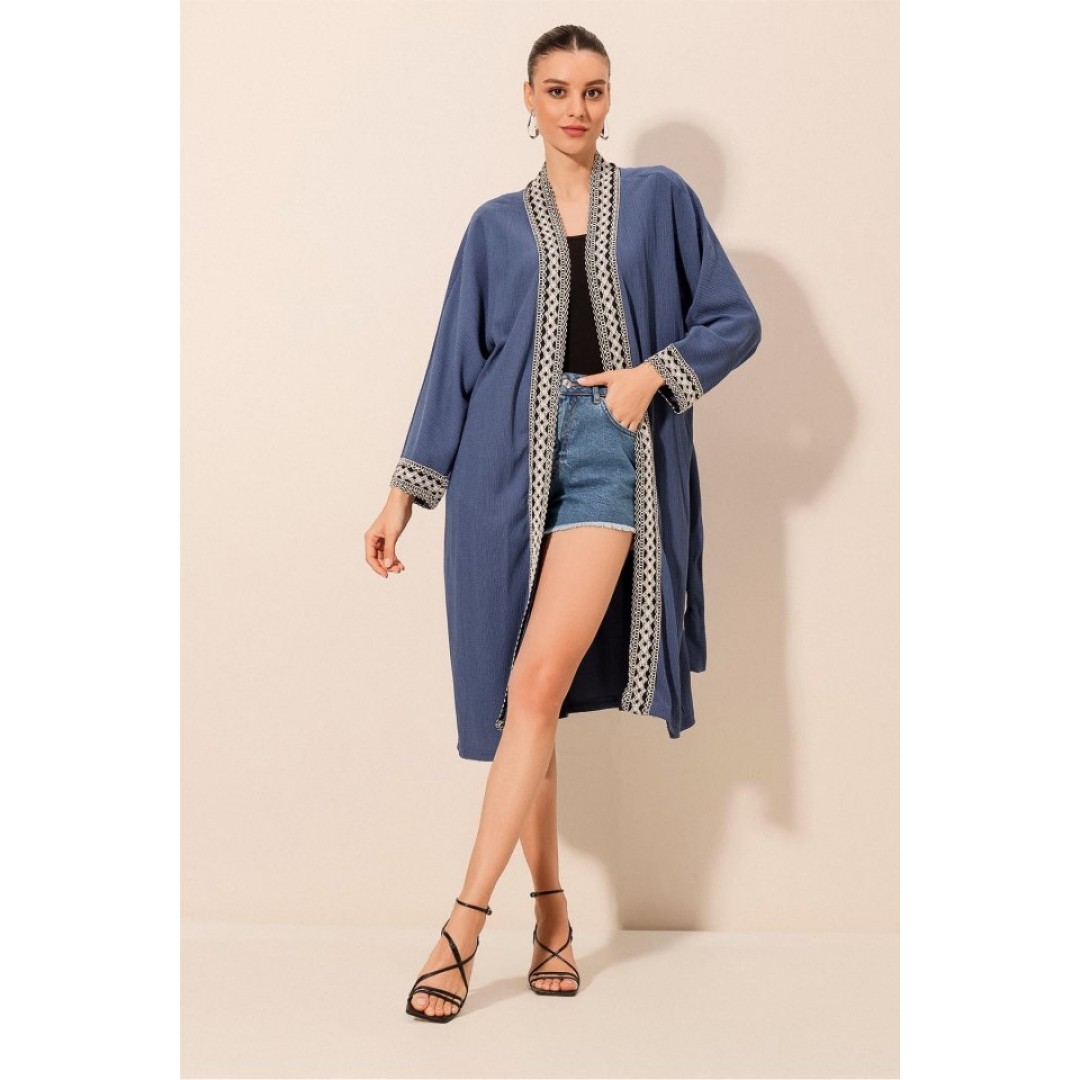 5865 Nakışlı Örme Uzun Kimono - İndigo - 144946 5865 Nakışlı Örme Uzun Kimono - İndigo - 144946