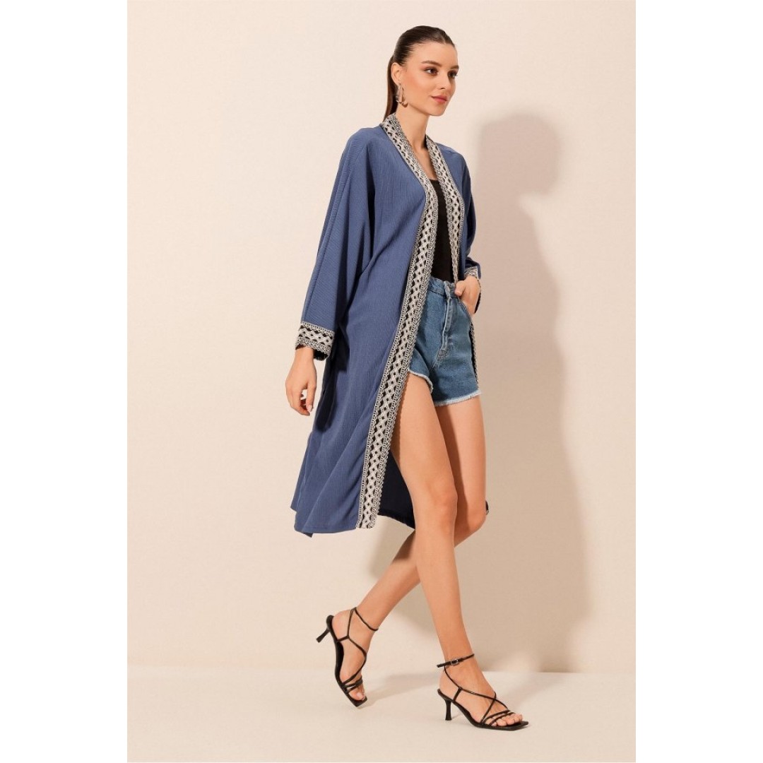5865 Nakışlı Örme Uzun Kimono - İndigo - 144946 5865 Nakışlı Örme Uzun Kimono - İndigo - 144946