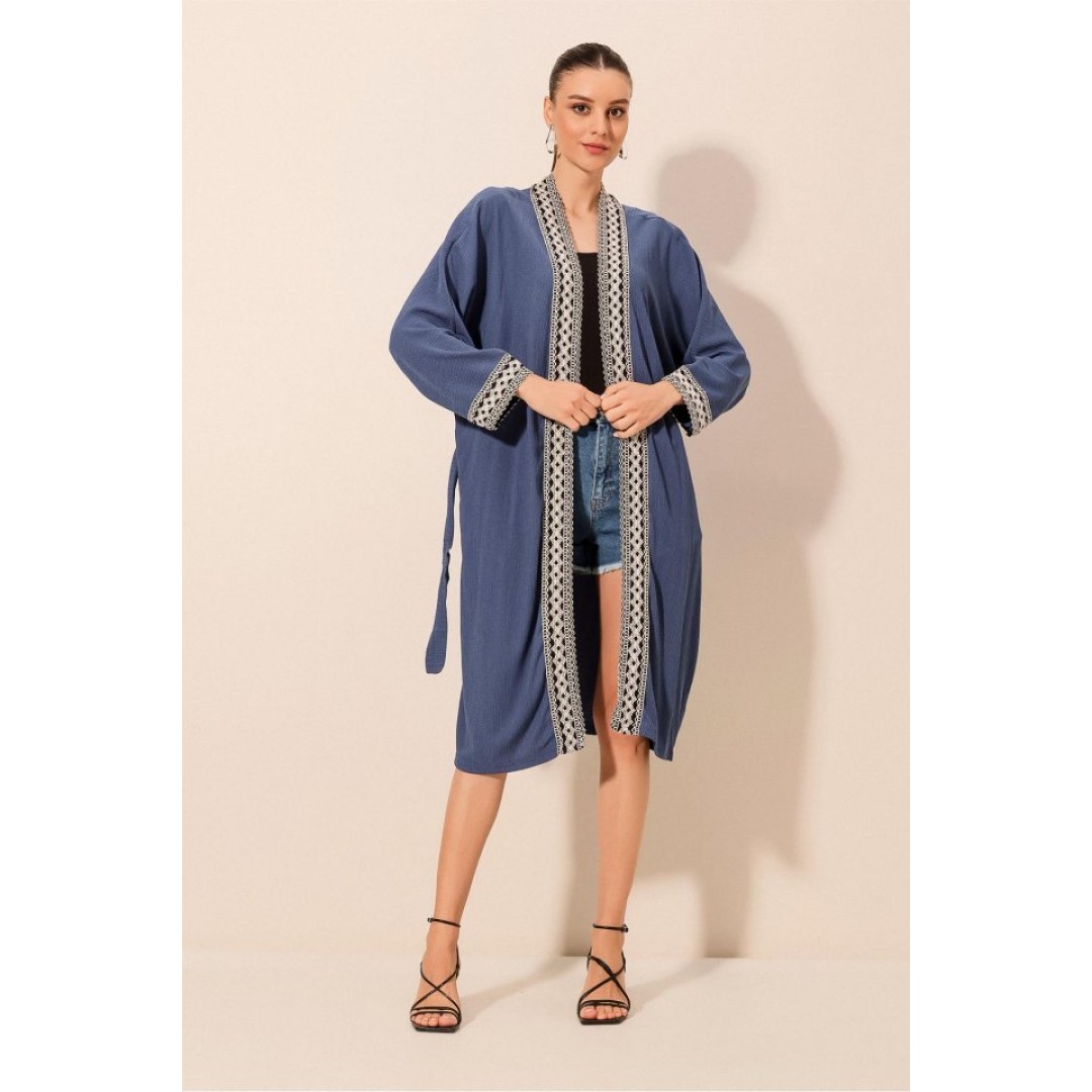 5865 Nakışlı Örme Uzun Kimono - İndigo - 144946 5865 Nakışlı Örme Uzun Kimono - İndigo - 144946