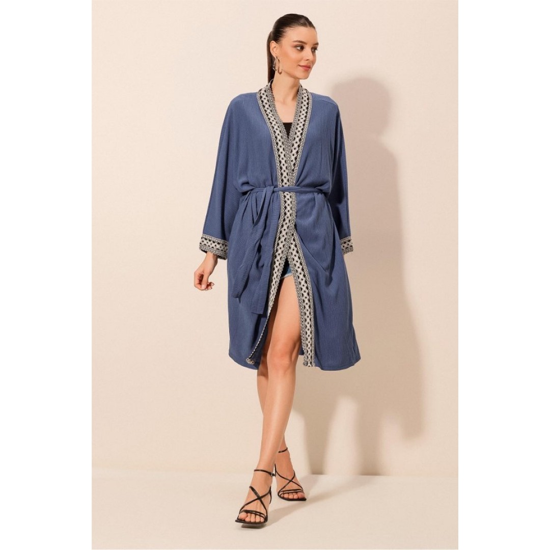 5865 Nakışlı Örme Uzun Kimono - İndigo - 144946 5865 Nakışlı Örme Uzun Kimono - İndigo - 144946