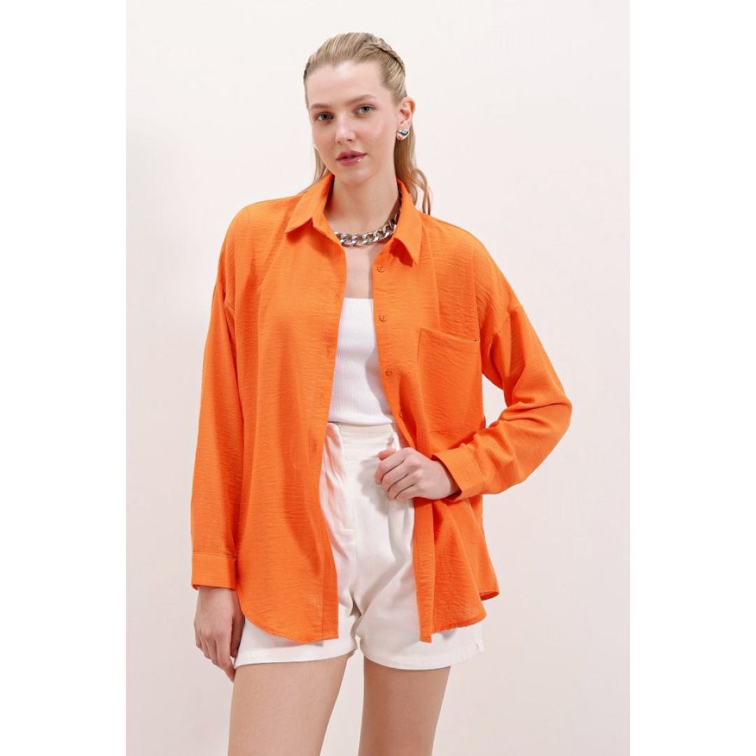 20153 Tek Cepli Oversize Keten Gömlek - Oranje