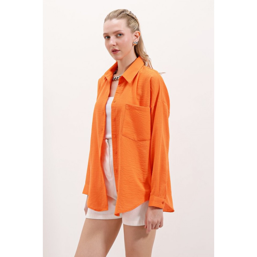20153 Tek Cepli Oversize Keten Gömlek - Oranje 144956 20153 Tek Cepli Oversize Keten Gömlek - Oranje 144956