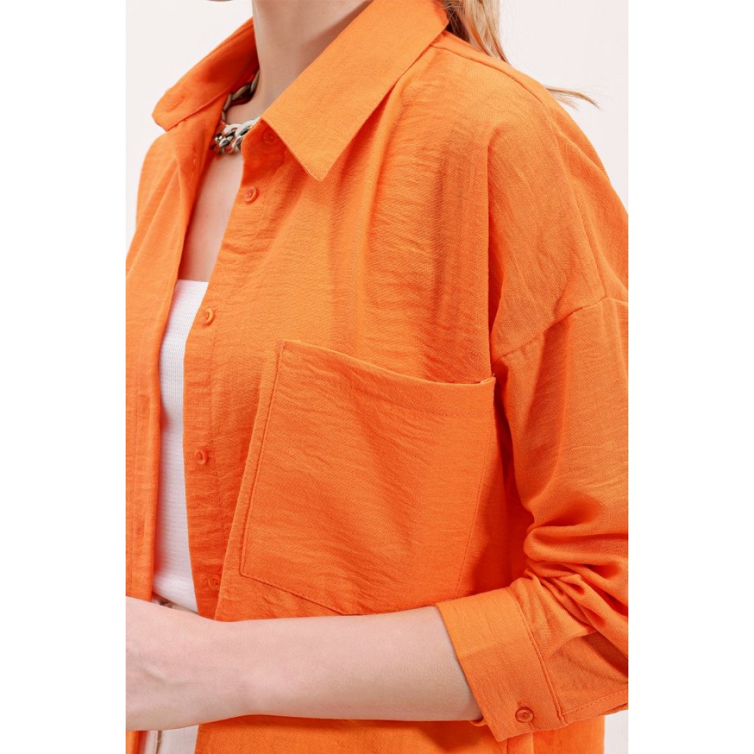 20153 Tek Cepli Oversize Keten Gömlek - Oranje 144956 20153 Tek Cepli Oversize Keten Gömlek - Oranje 144956
