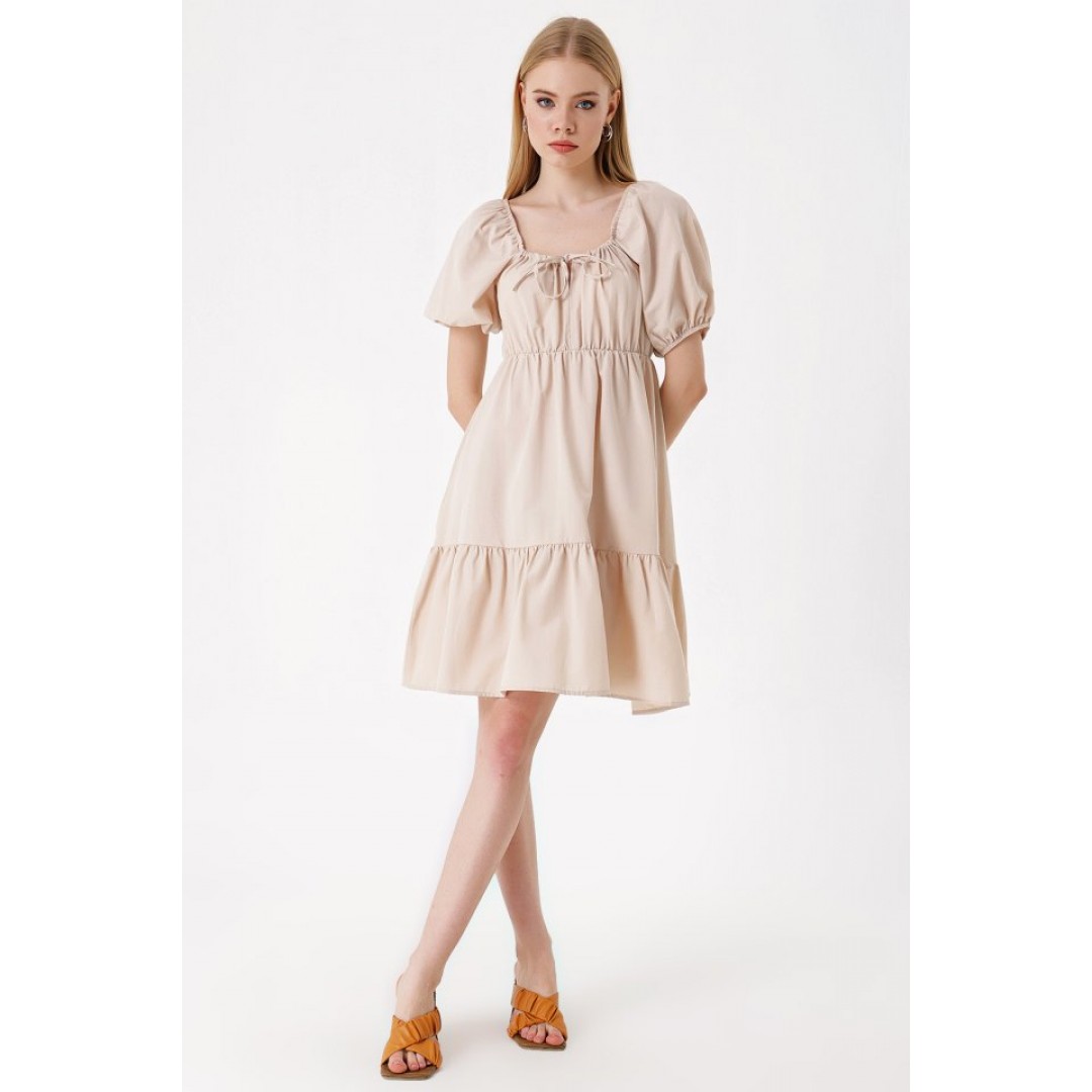 2351 Kloş Poplin Elbise - Bej