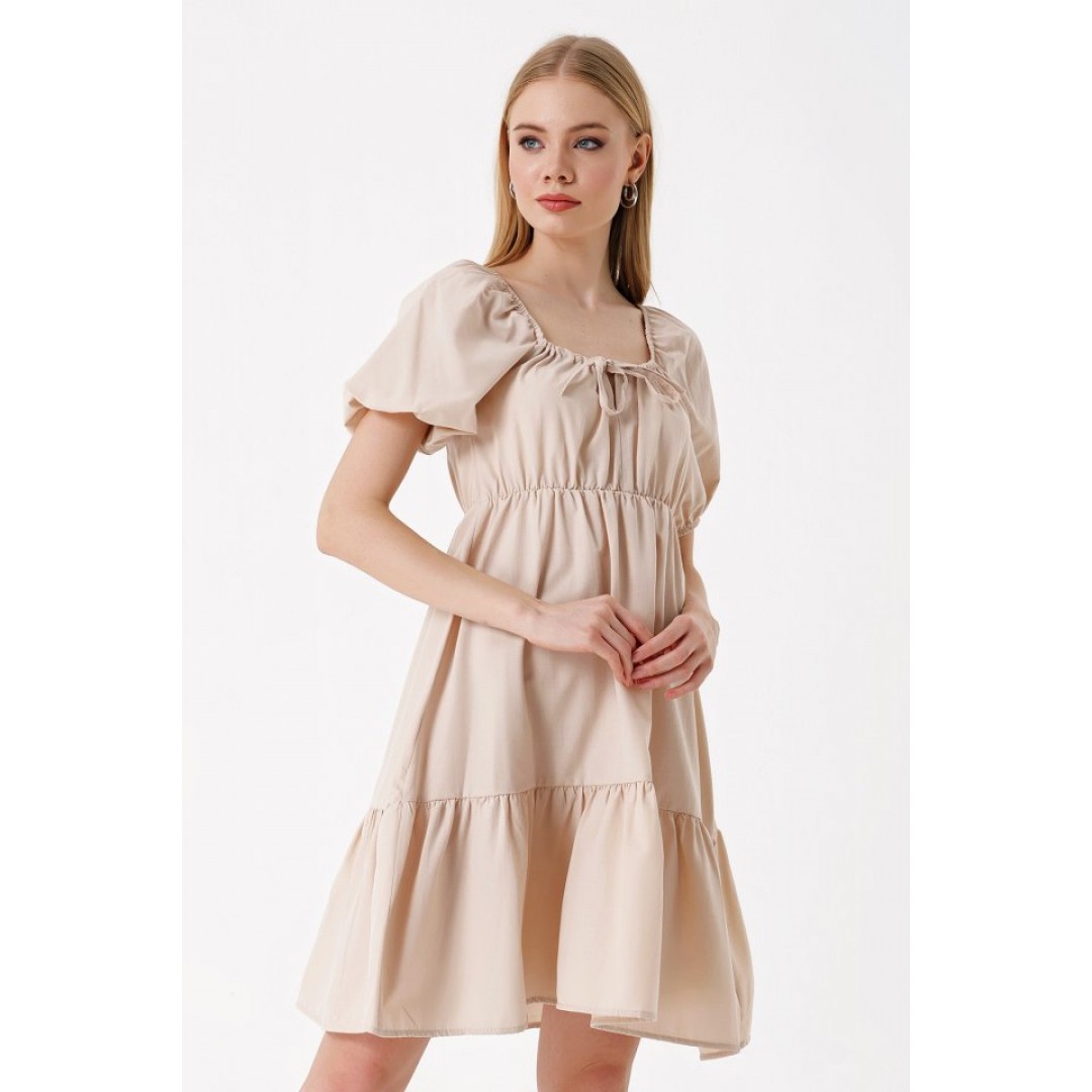 2351 Kloş Poplin Elbise - Bej 144972