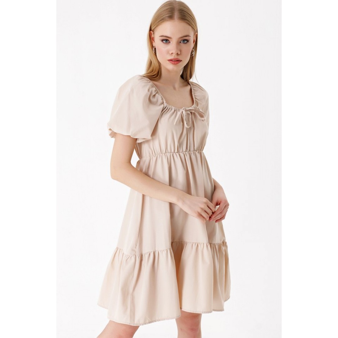 2351 Kloş Poplin Elbise - Bej 144972