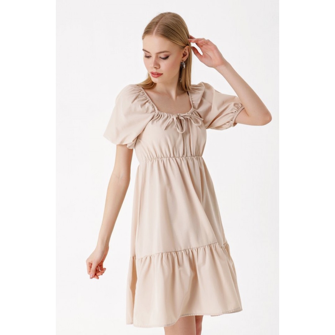 2351 Kloş Poplin Elbise - Bej 144972