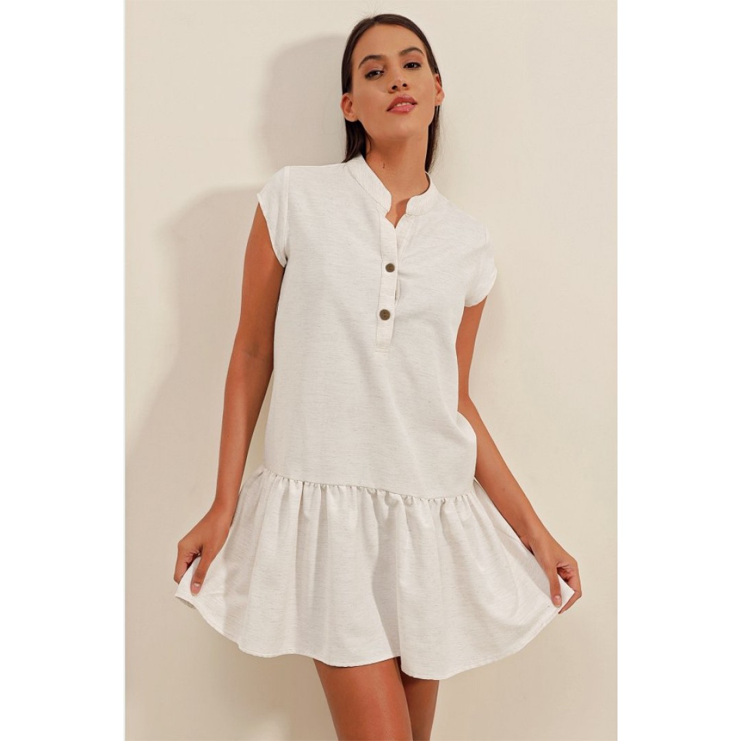 2425 Keten Mini Elbise - Ekru