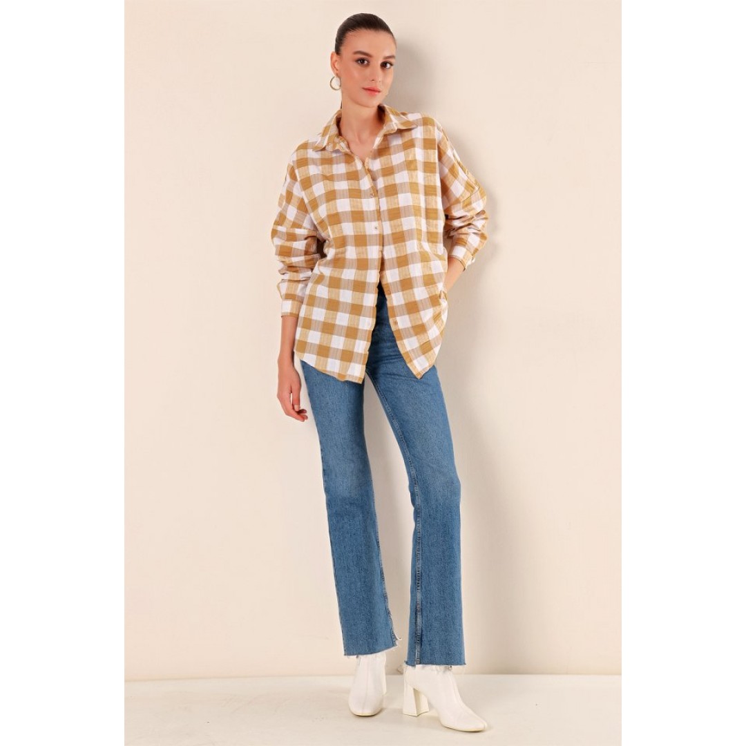 3900 Oversize Uzun Basic Gömlek - Vizon 145027 3900 Oversize Uzun Basic Gömlek - Vizon 145027