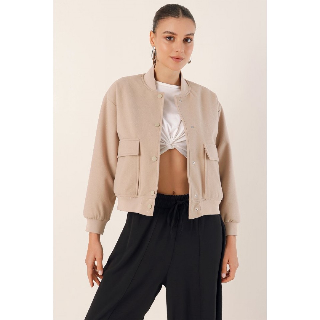 0688 Çift Cepli Bomber Ceket - Bej