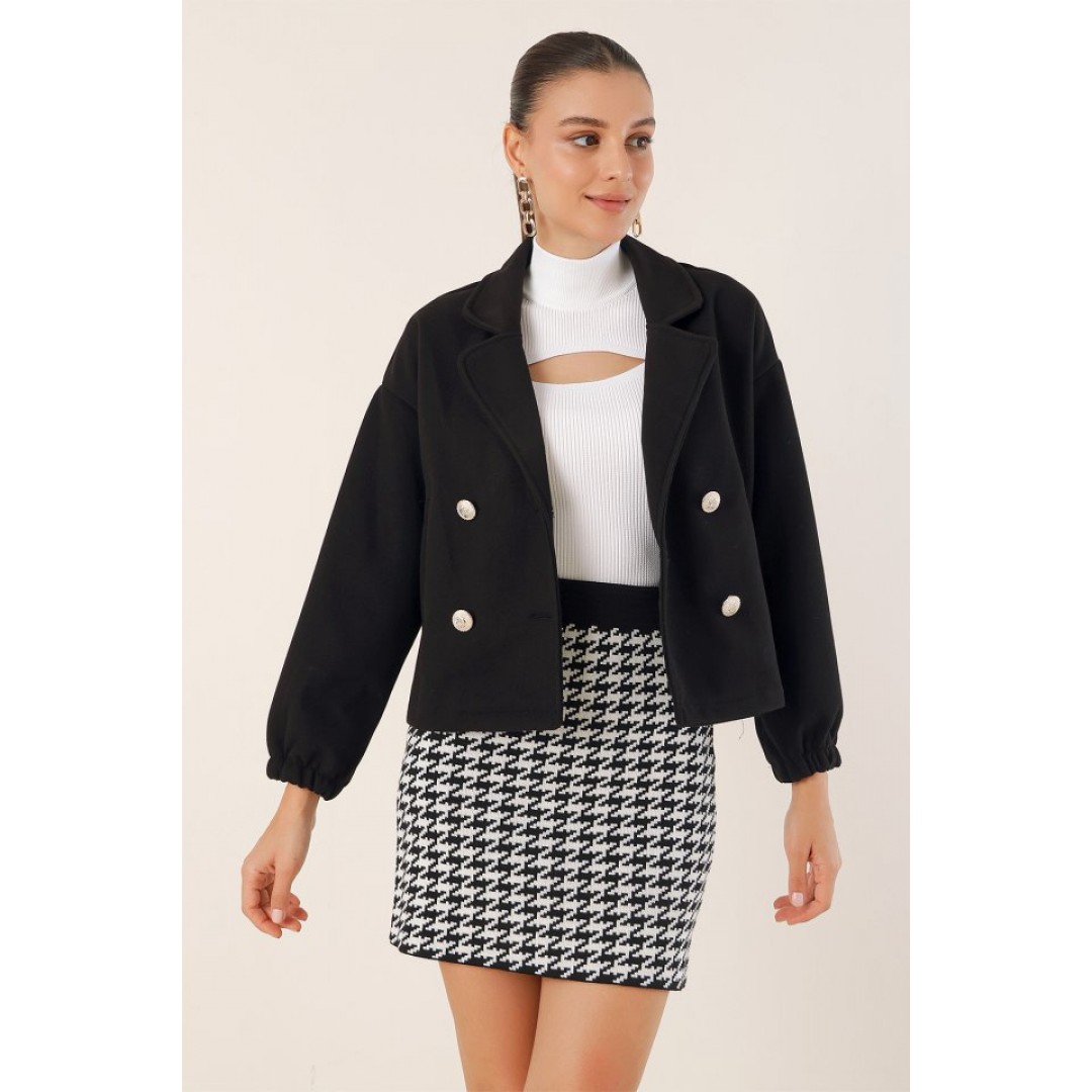 9117 Kruvaze Yaka Crop Ceket - Siyah