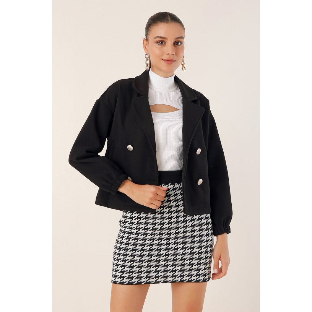 9117 Kruvaze Yaka Crop Ceket - Siyah 145036