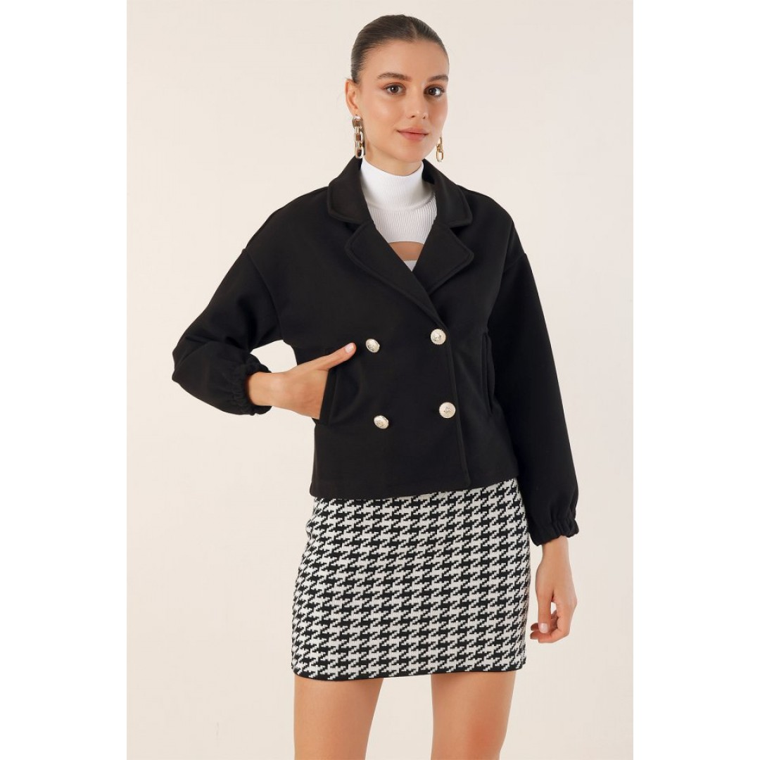 9117 Kruvaze Yaka Crop Ceket - Siyah 145036