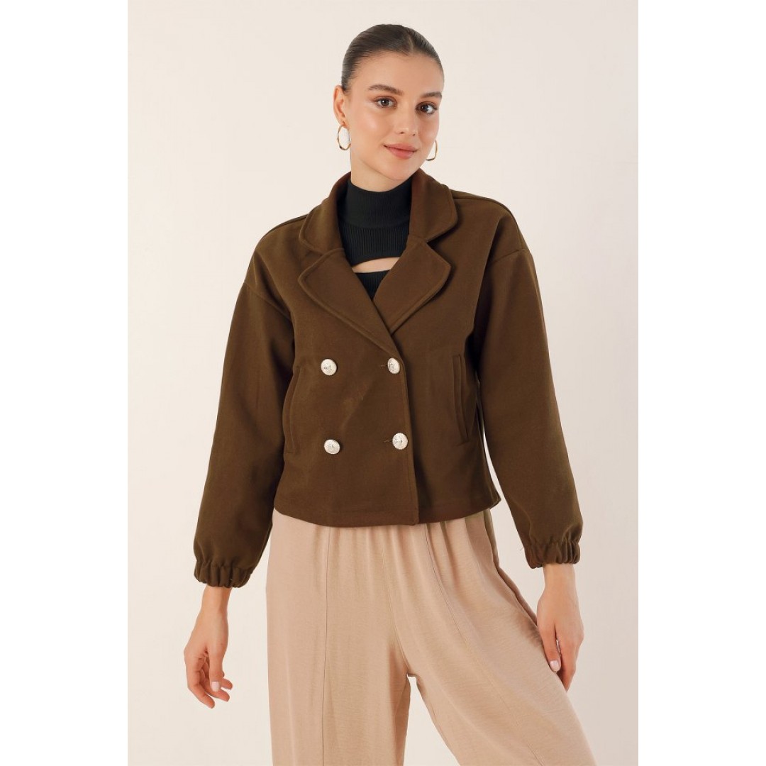 9117 Kruvaze Yaka Crop Ceket - Kahverengi