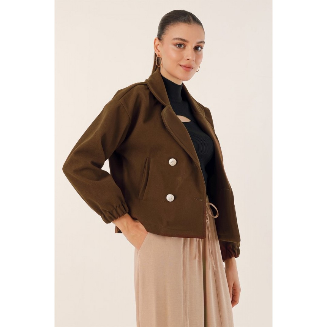 9117 Kruvaze Yaka Crop Ceket - Kahverengi 145037 9117 Kruvaze Yaka Crop Ceket - Kahverengi 145037