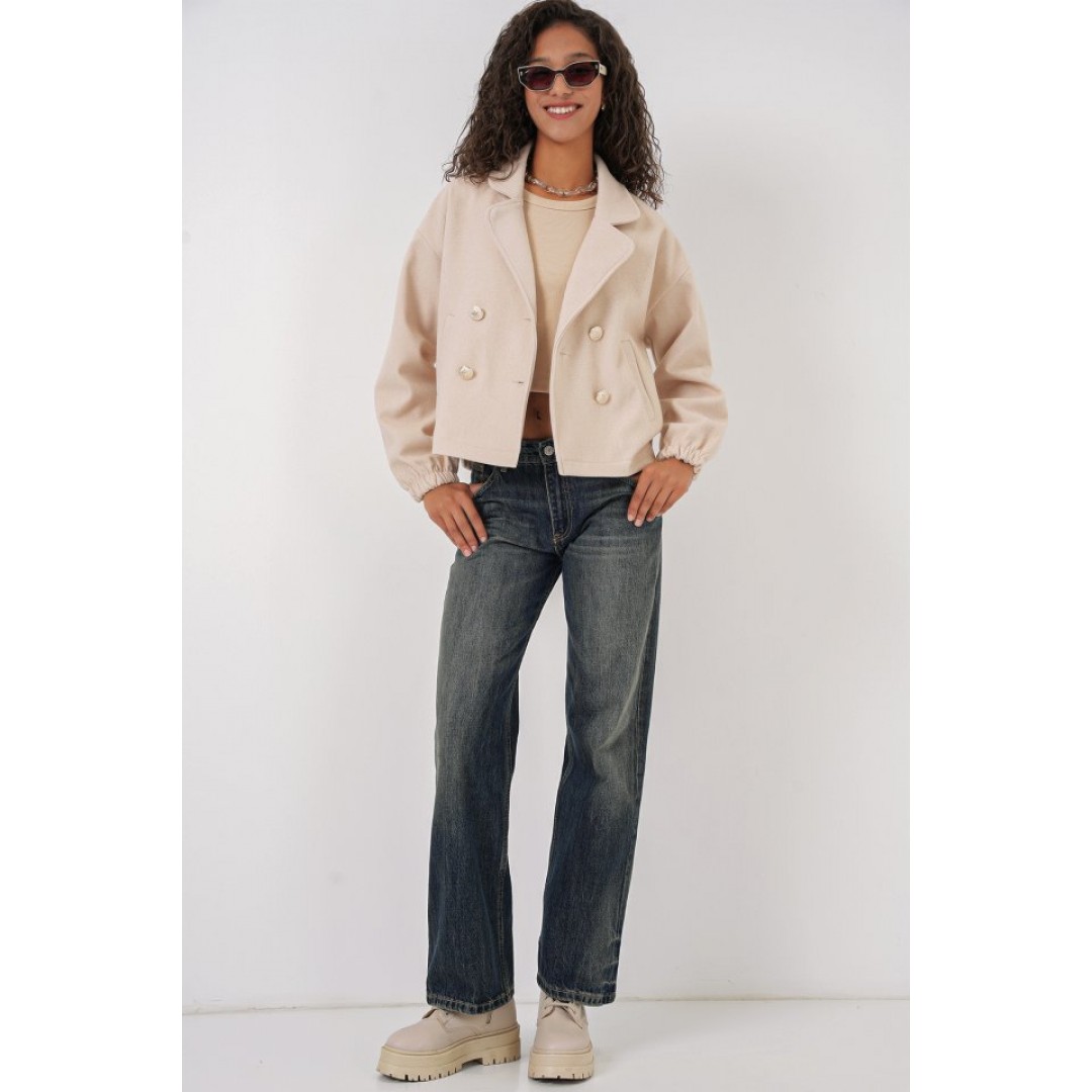 9117 Kruvaze Yaka Crop Ceket - Bej 145038 9117 Kruvaze Yaka Crop Ceket - Bej 145038