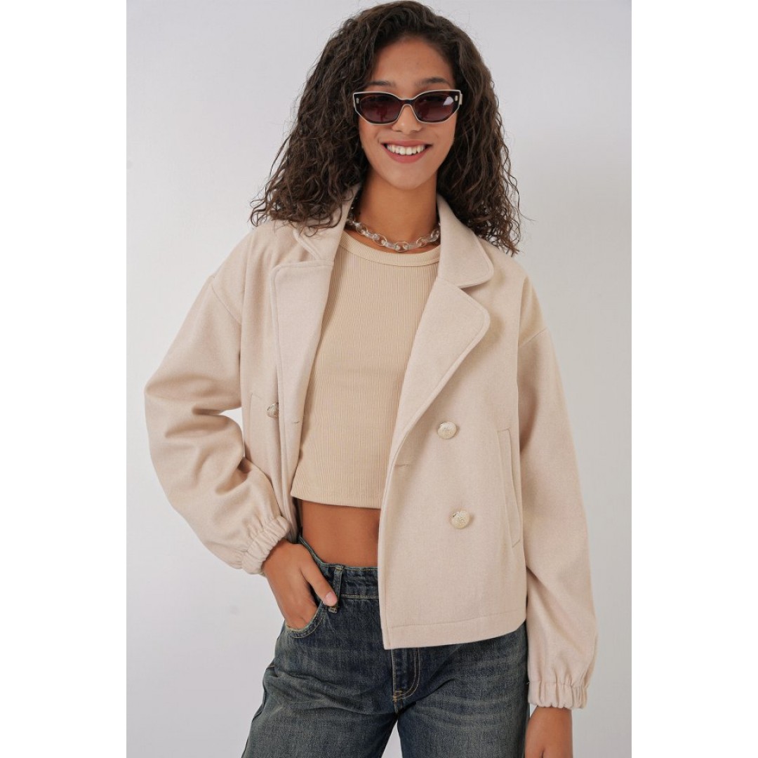 9117 Kruvaze Yaka Crop Ceket - Bej 145038 9117 Kruvaze Yaka Crop Ceket - Bej 145038