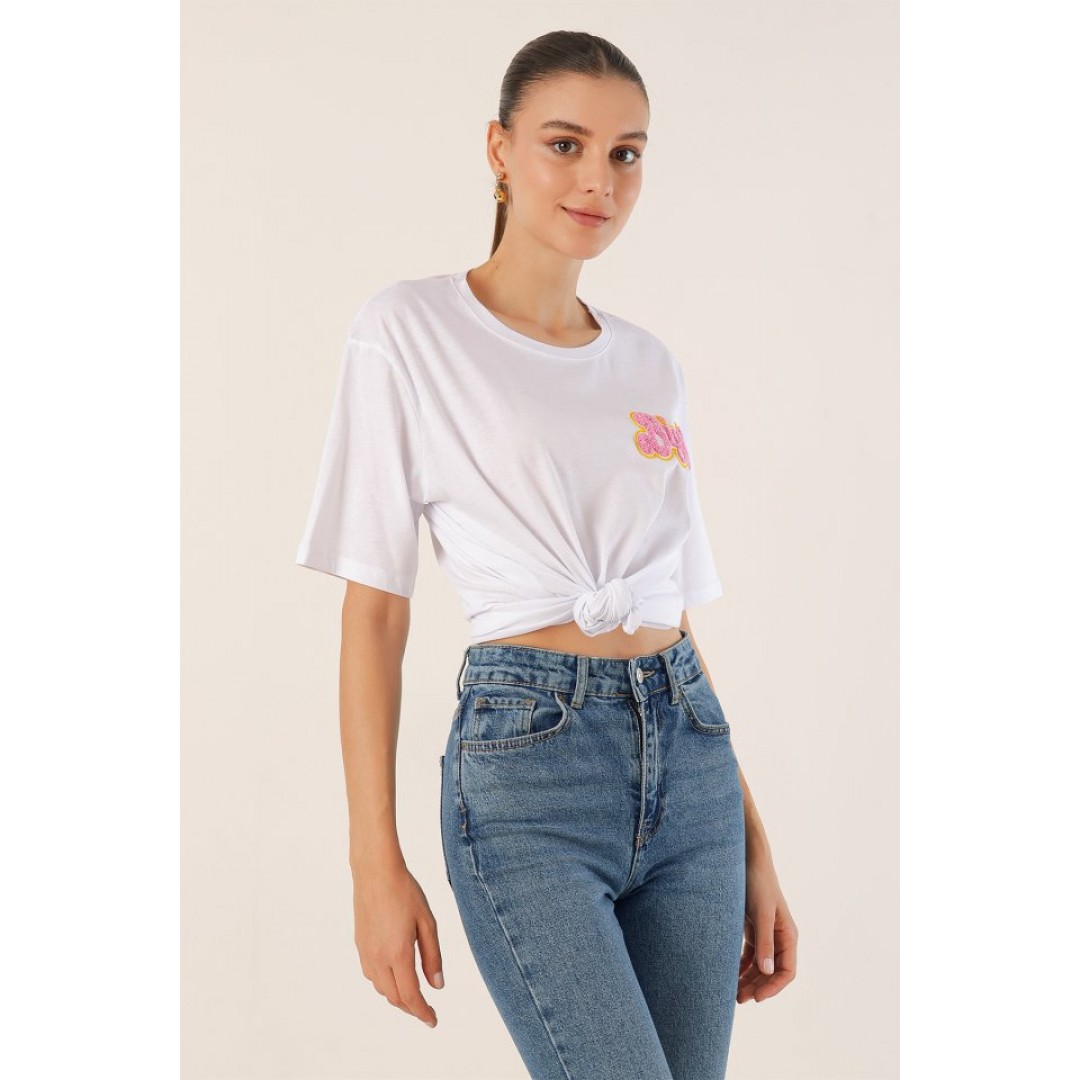 4312 Nakışlı Oversize Tişört - Beyaz - 145039 4312 Nakışlı Oversize Tişört - Beyaz - 145039
