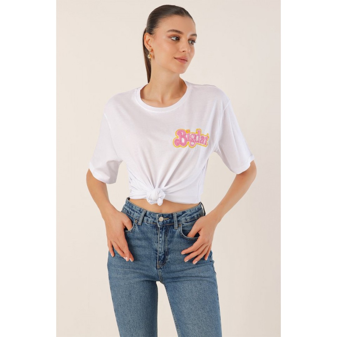 4312 Nakışlı Oversize Tişört - Beyaz - 145039 4312 Nakışlı Oversize Tişört - Beyaz - 145039