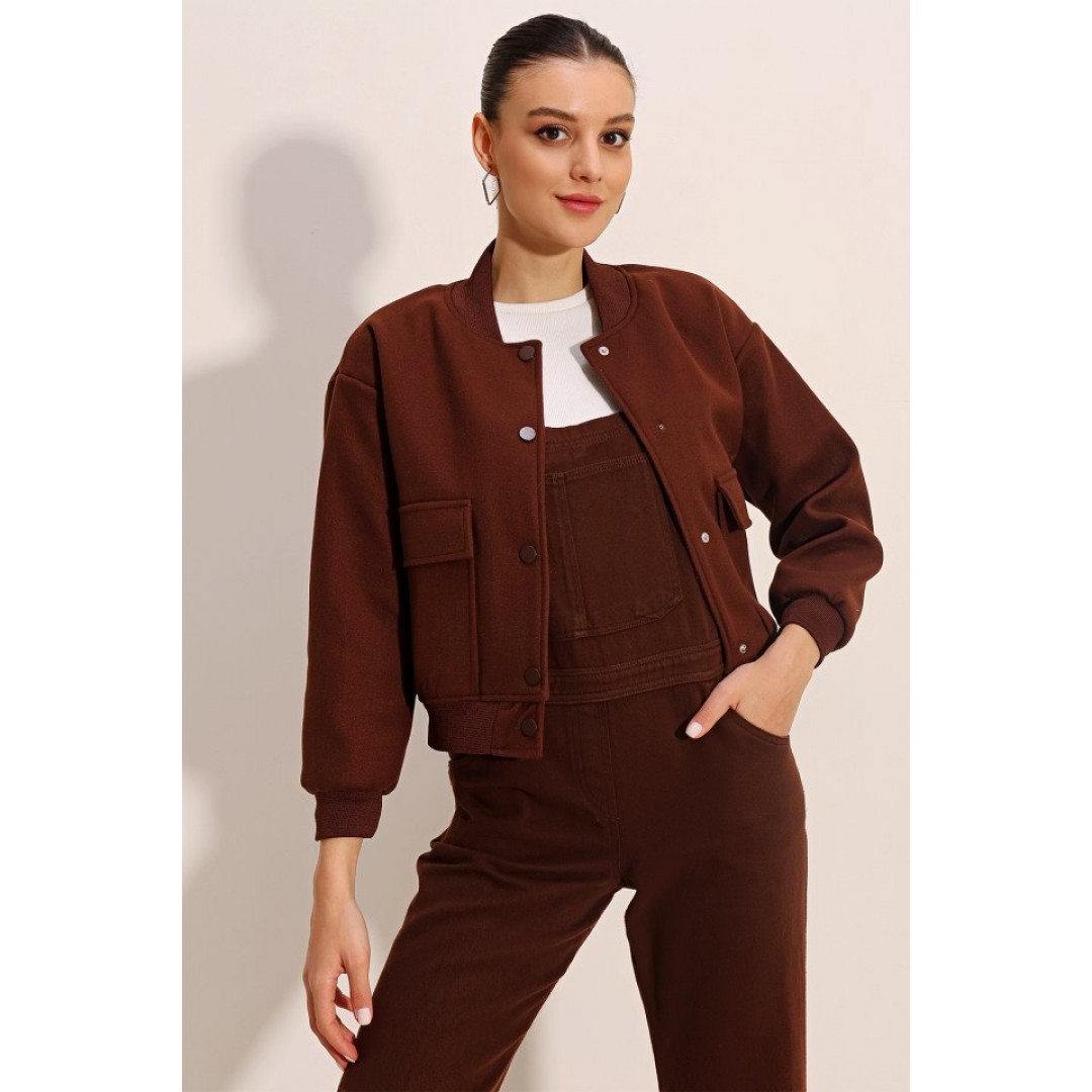 0688 Çift Cepli Bomber Ceket - Kahverengi