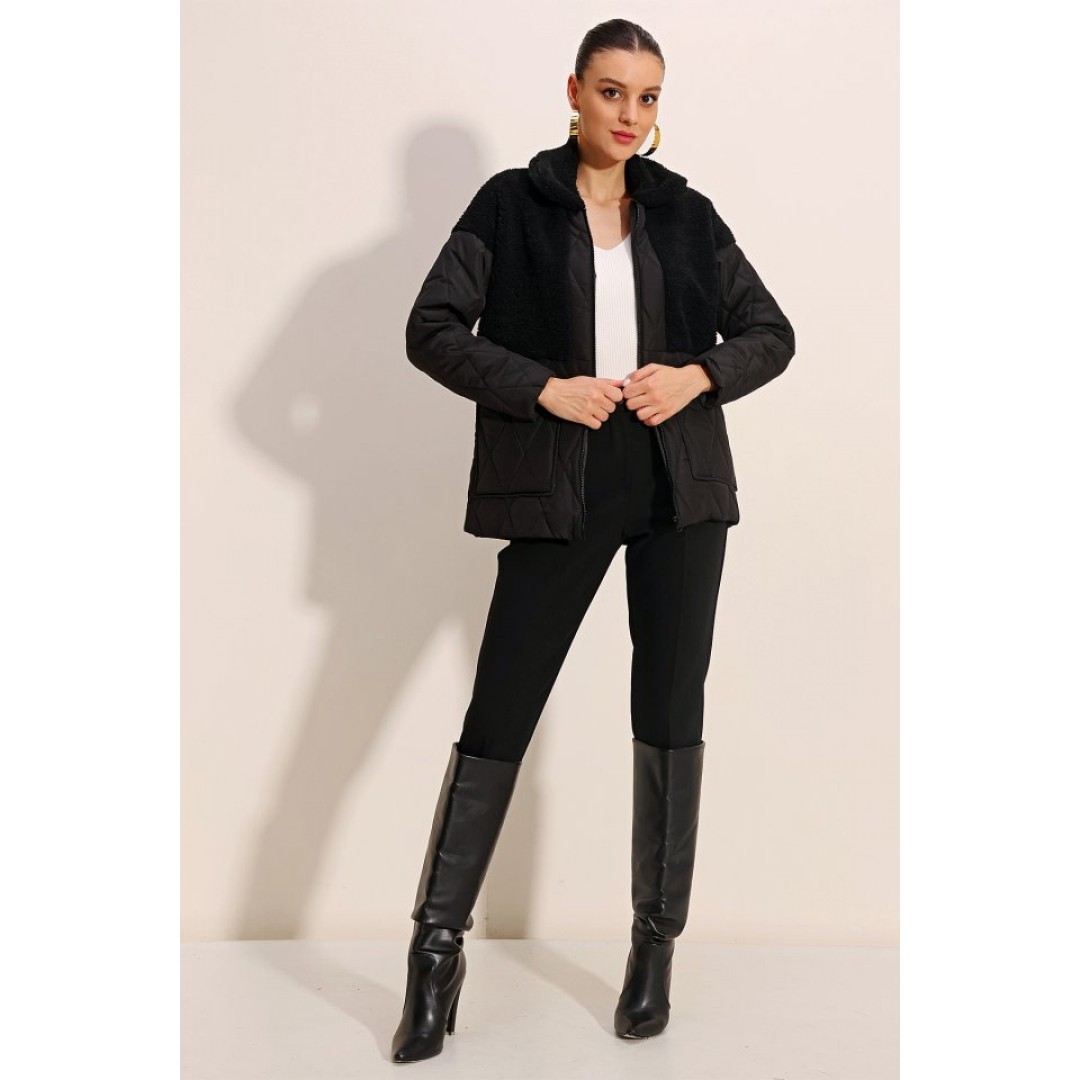 5182 Peluş Detaylı Oversize Şişme Mont - Siyah - 145063 5182 Peluş Detaylı Oversize Şişme Mont - Siyah - 145063