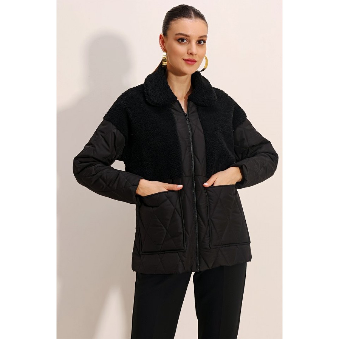 5182 Peluş Detaylı Oversize Şişme Mont - Siyah - 145063 5182 Peluş Detaylı Oversize Şişme Mont - Siyah - 145063