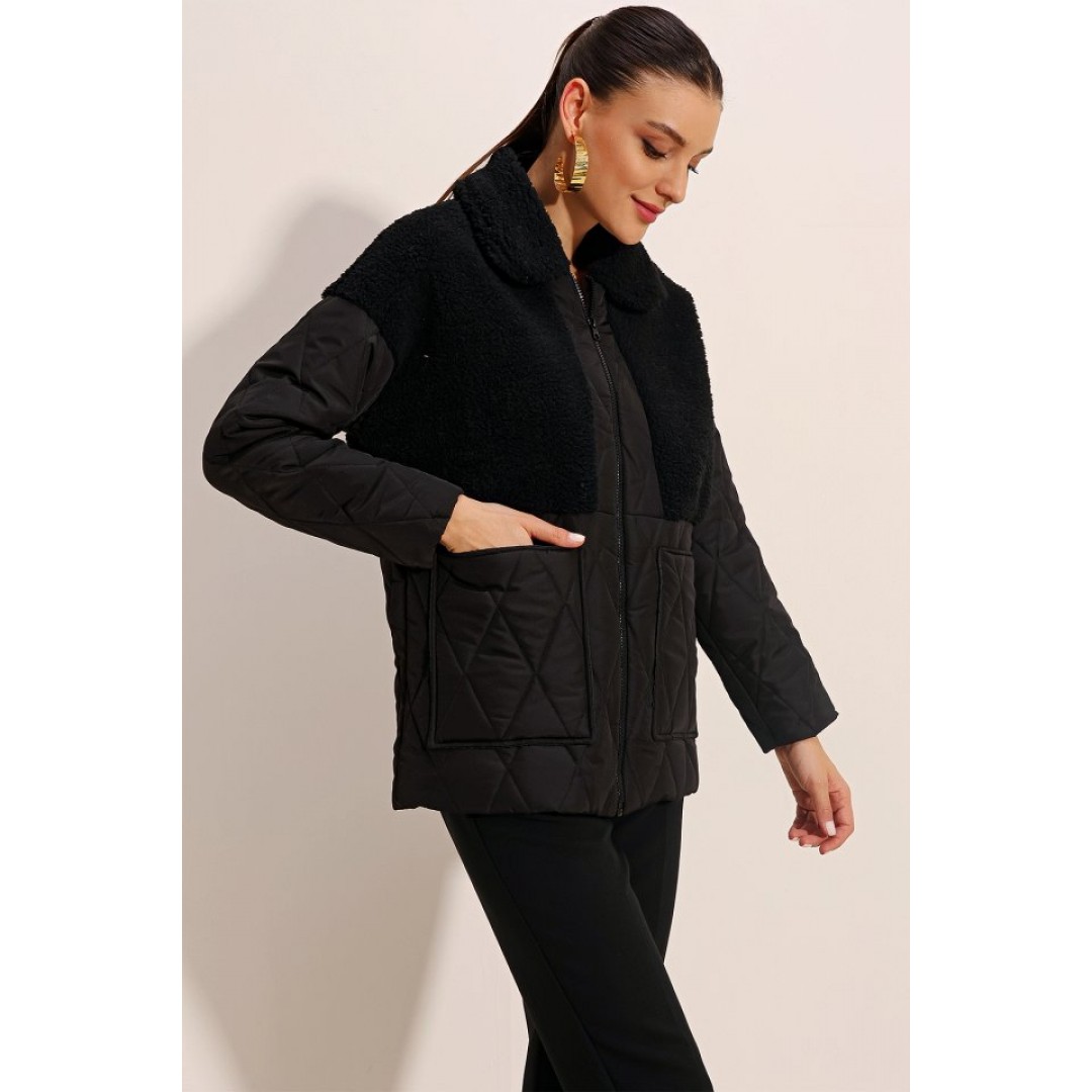 5182 Peluş Detaylı Oversize Şişme Mont - Siyah - 145063 5182 Peluş Detaylı Oversize Şişme Mont - Siyah - 145063