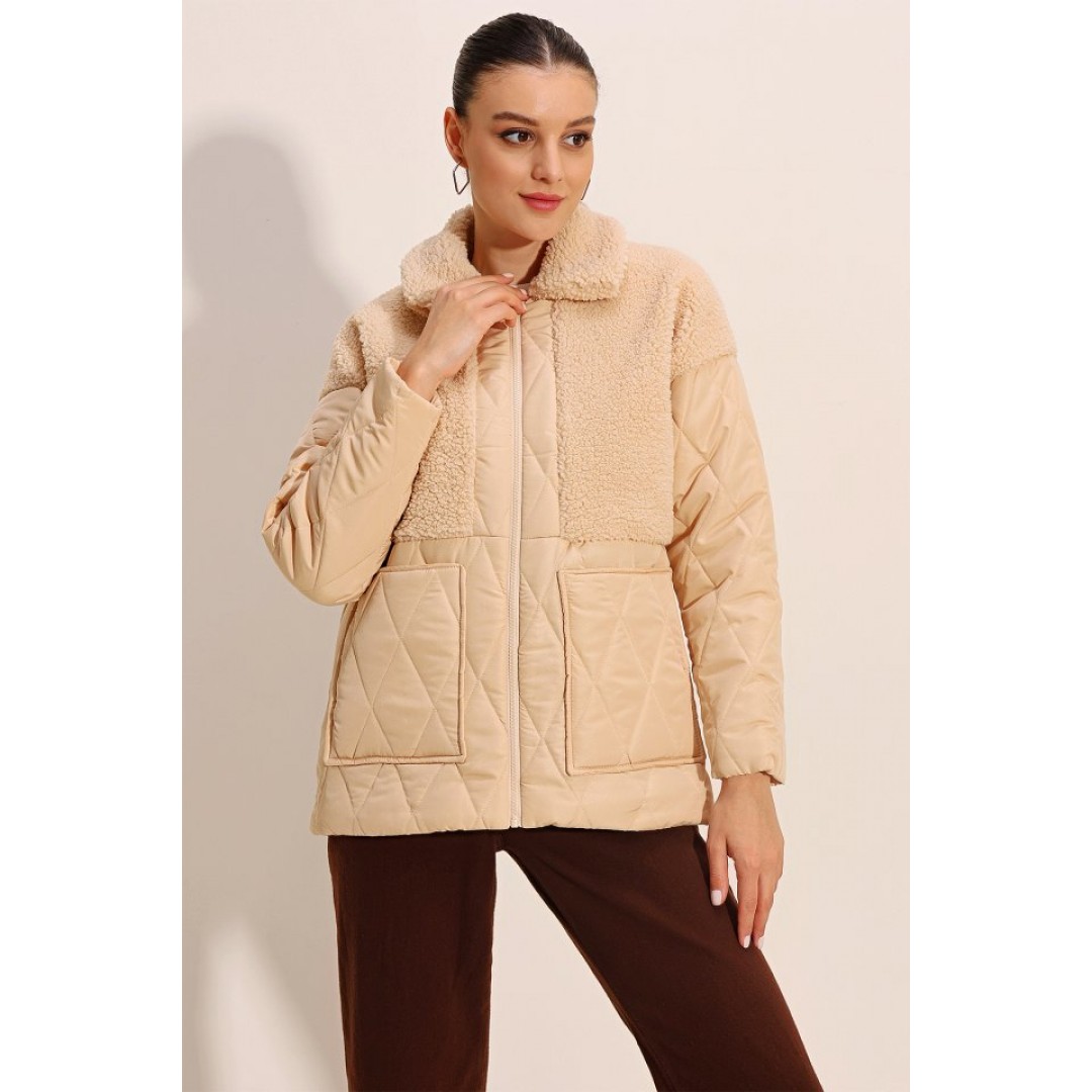 5182 Peluş Detaylı Oversize Şişme Mont - Bej - 145064 5182 Peluş Detaylı Oversize Şişme Mont - Bej - 145064