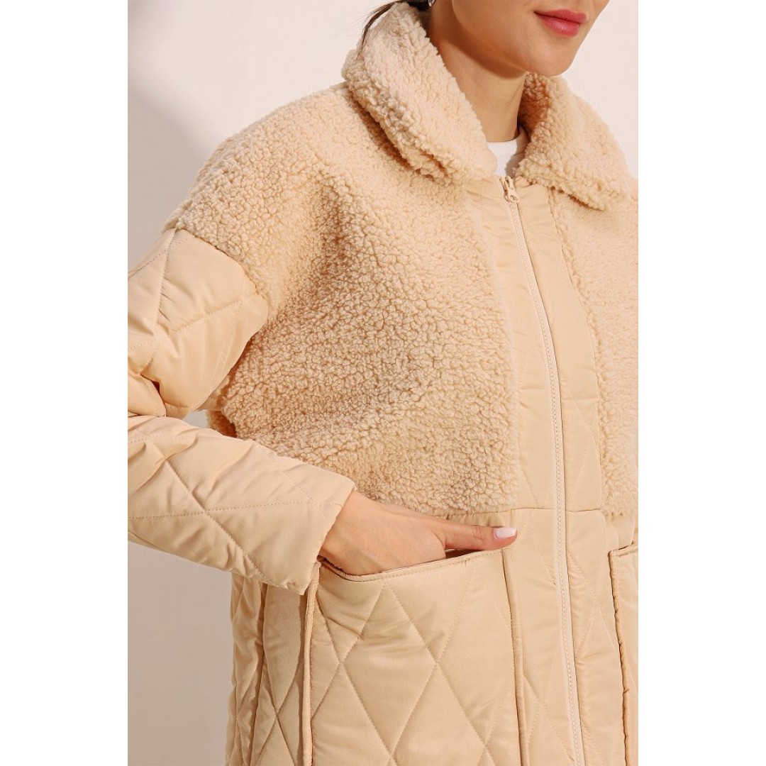 5182 Peluş Detaylı Oversize Şişme Mont - Bej - 145064 5182 Peluş Detaylı Oversize Şişme Mont - Bej - 145064