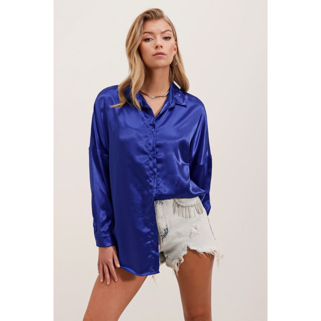 3985 Oversize Saten Gömlek - Saks