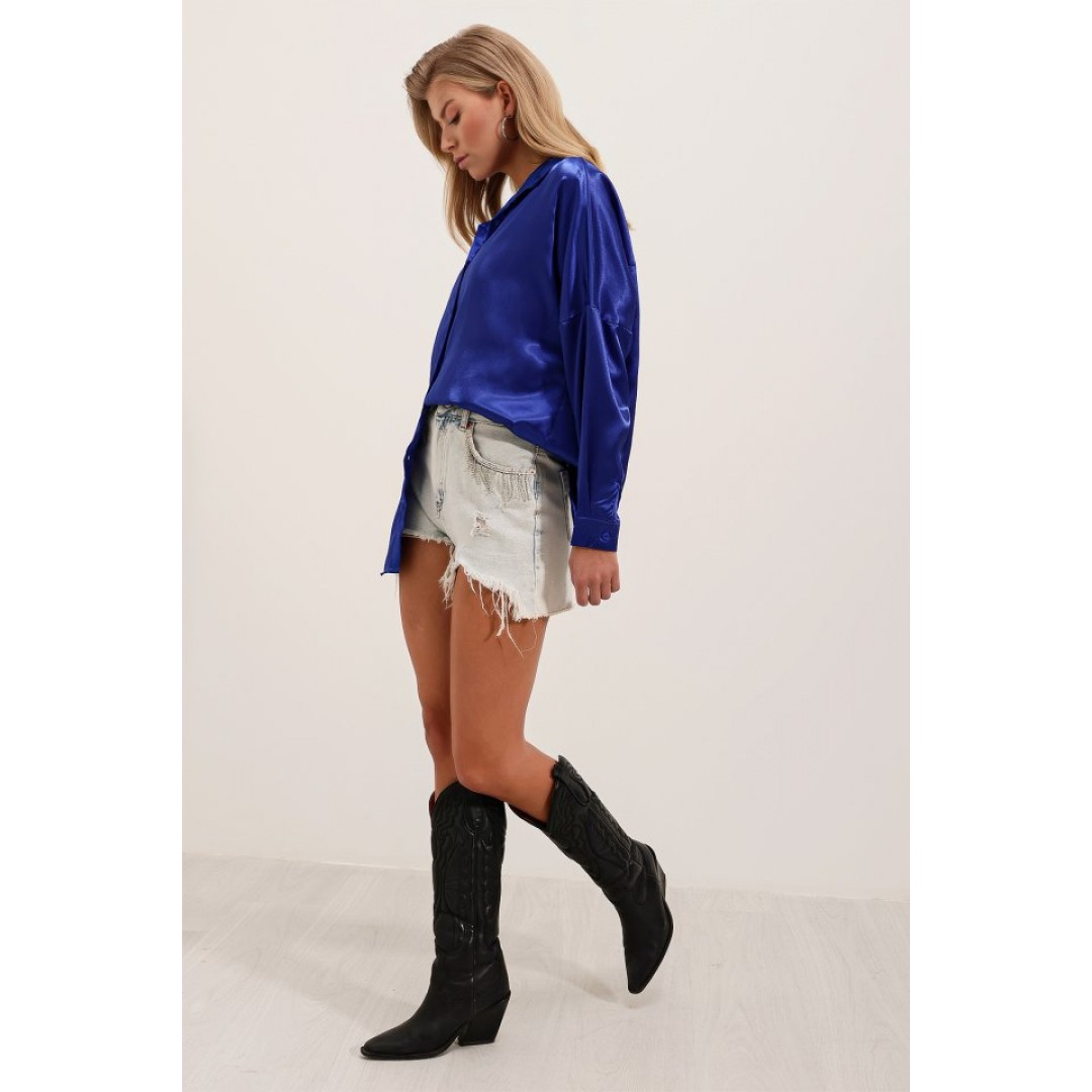 3985 Oversize Saten Gömlek - Saks 145066