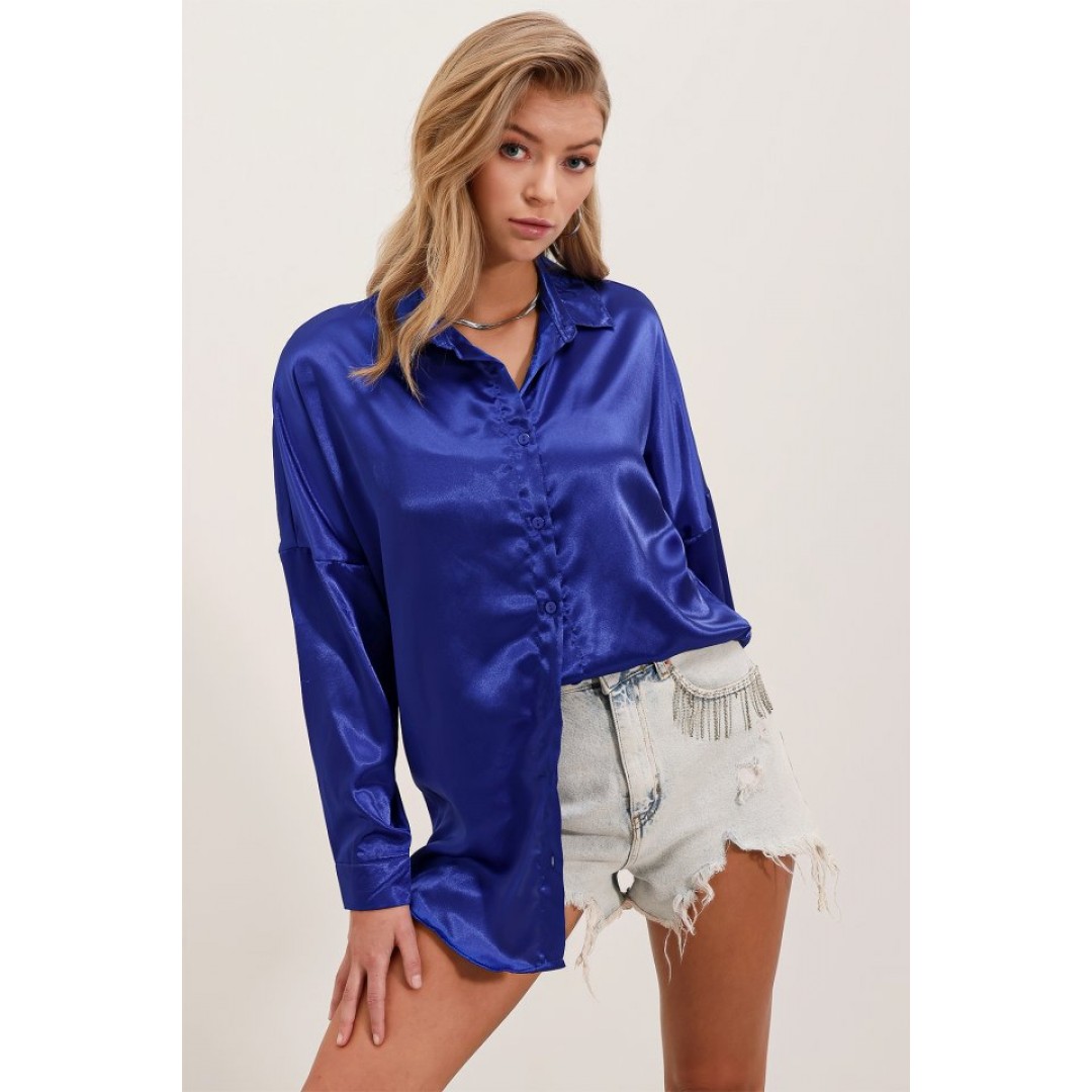 3985 Oversize Saten Gömlek - Saks 145066