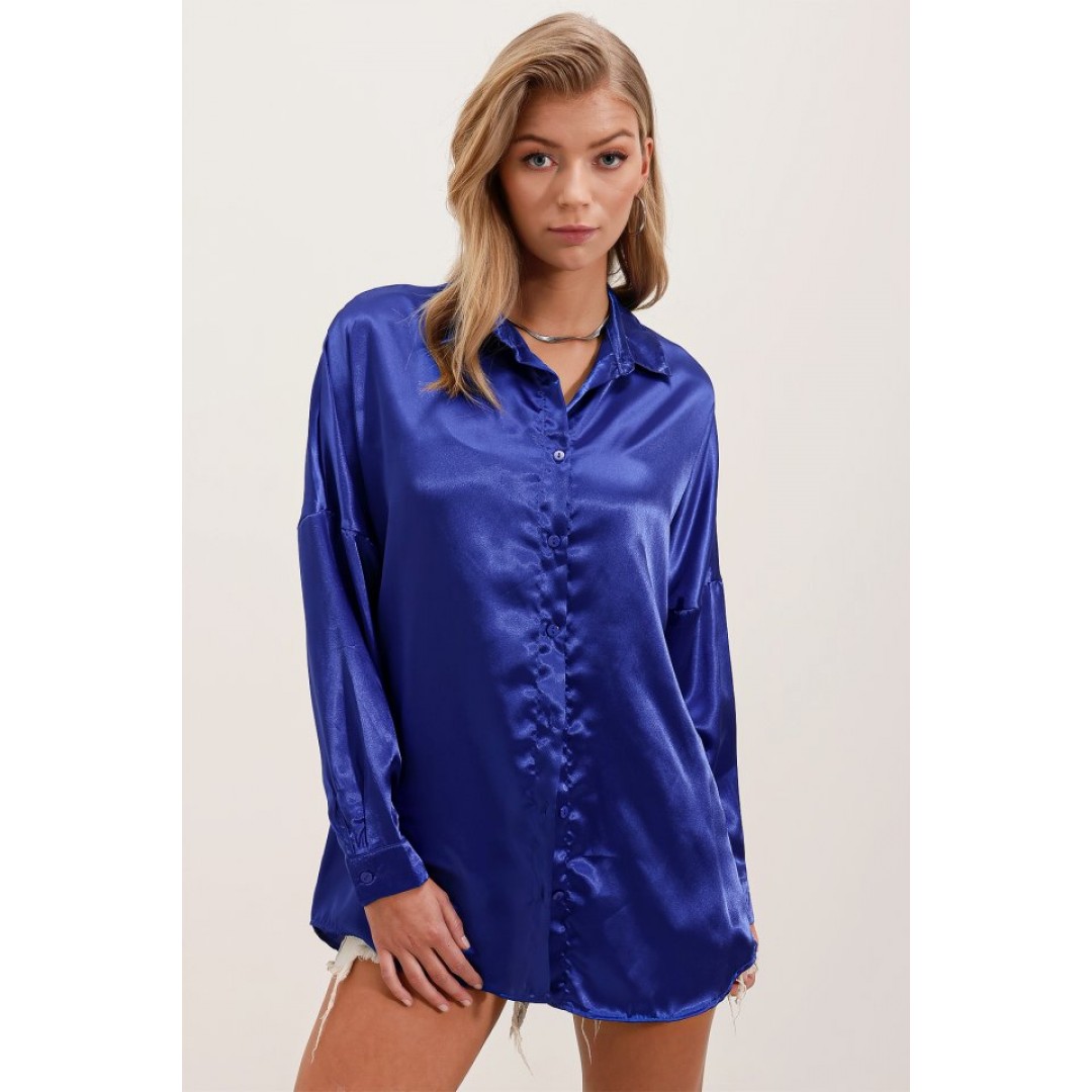 3985 Oversize Saten Gömlek - Saks 145066