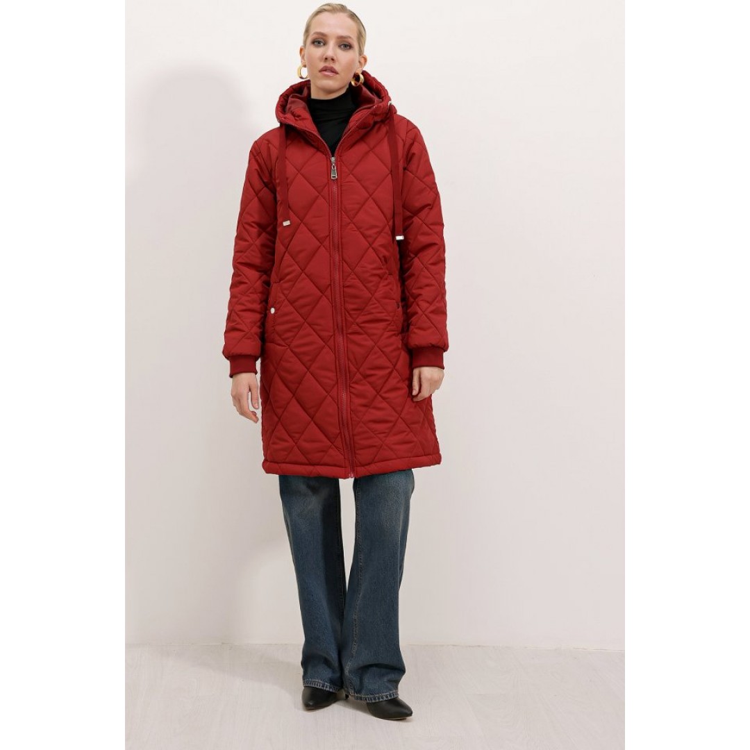 5138 Kapitone Uzun Şişme Mont - Bordo 145083
