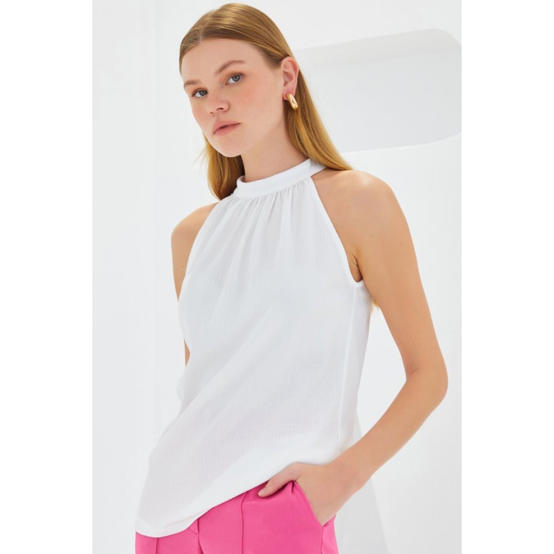 0489 Halter Yaka Örme Bluz - Beyaz