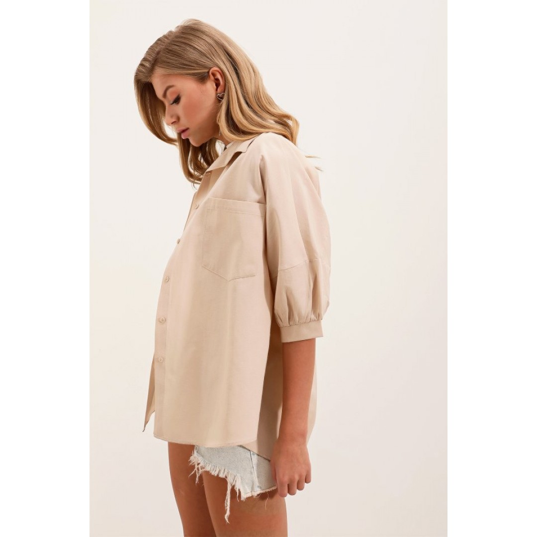 20213 Oversize Kısa Kol Basic Gömlek - Krem 145110