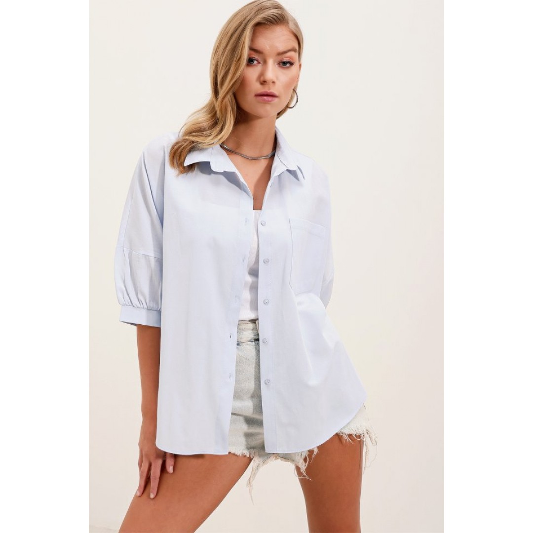 20213 Oversize Kısa Kol Basic Gömlek - Bebe Mavi 145111